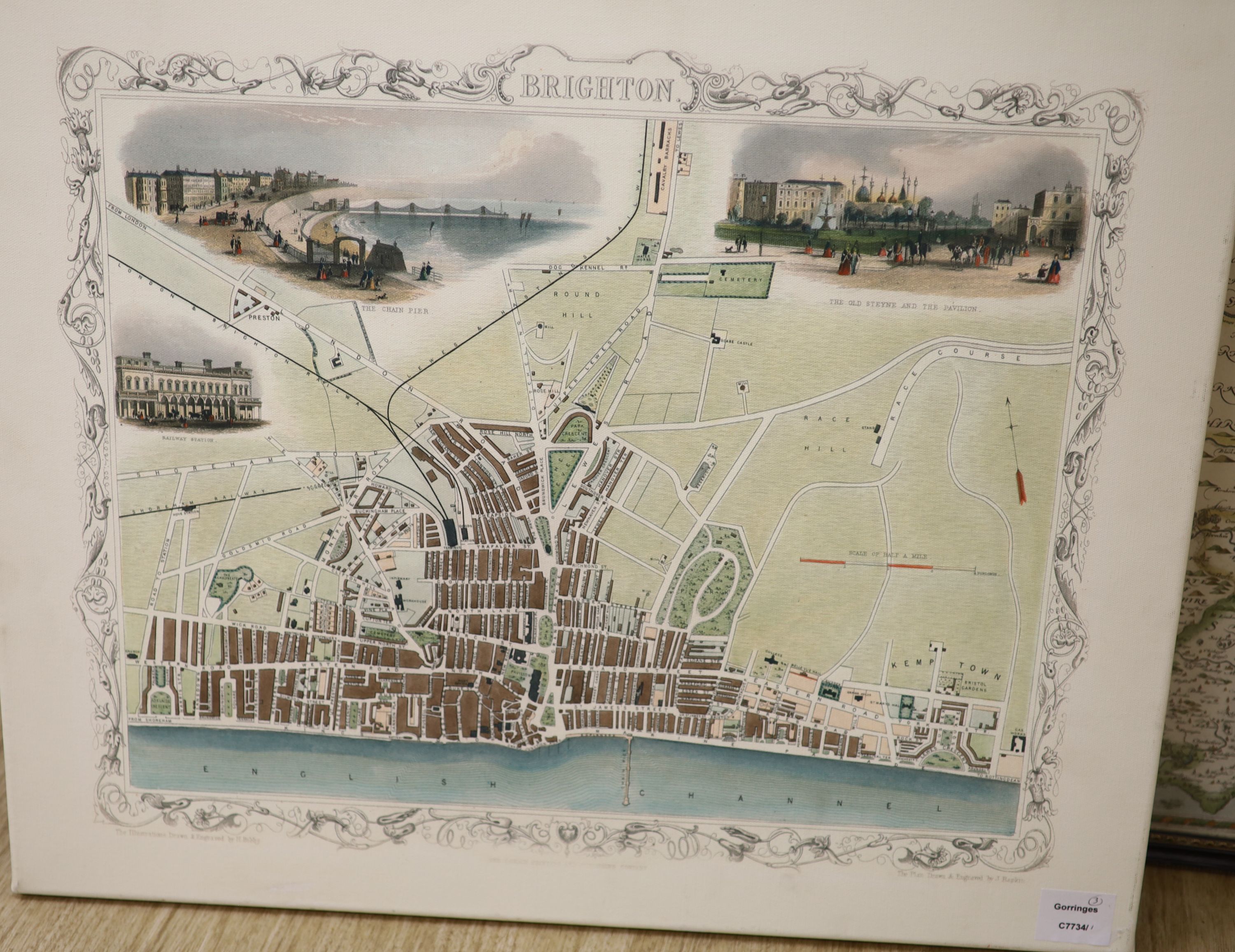 Brighton Society 1892, chromolithograph, View of the Brighton Front, 25 x 95cm, a reprint map of Sussex and a reprint map of Brighton